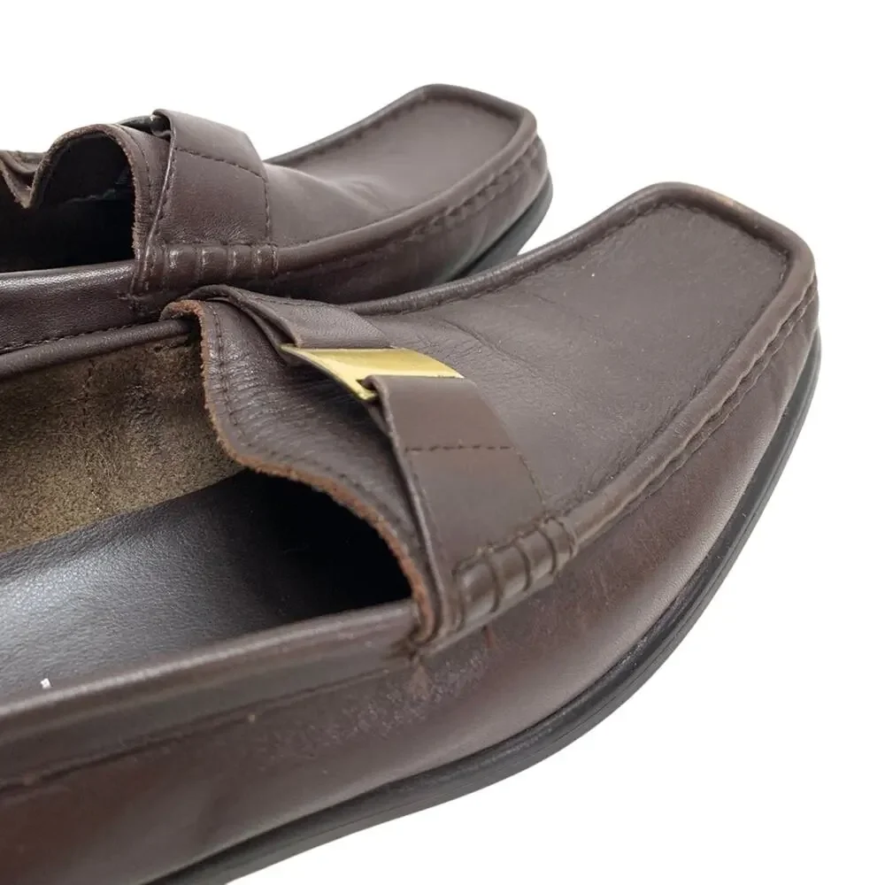 MARKON Womens Square Toe Brown Leather Loafers Flats ALPHA Slip On Shoes sz 10